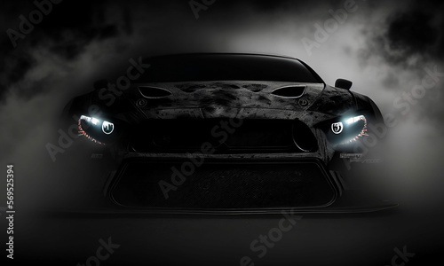 Imagined powerful sport car in the fog and smoke. Stylized front shot. AI generated. © DmitriRich