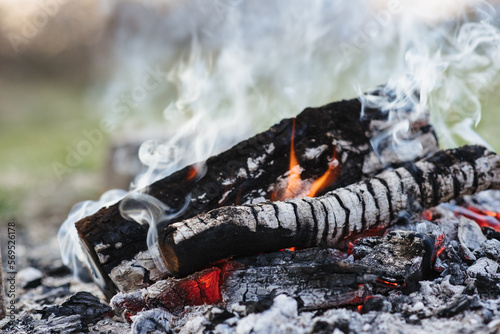 Vivid smoldered firewoods burned in fire close-up. Atmospheric warm background with orange flame of campfire. Unimaginable full frame image of bonfire. Burning logs in beautiful fire. Wonderful flame.