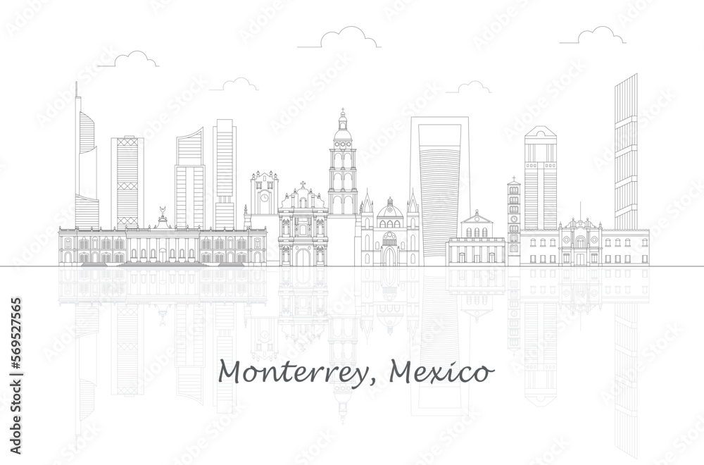 Outline Skyline panorama of city of Monterrey, Mexico - vector illustration