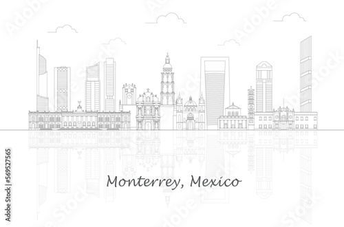 Outline Skyline panorama of city of Monterrey, Mexico - vector illustration