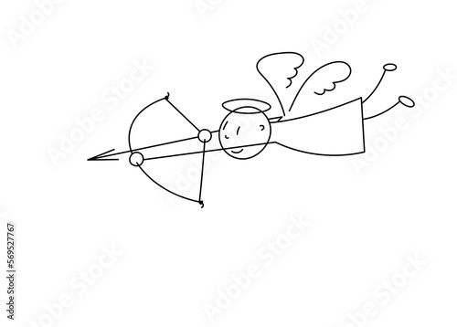 A simple hand-drawn angel shoots a bow. Vector doodle illustration.