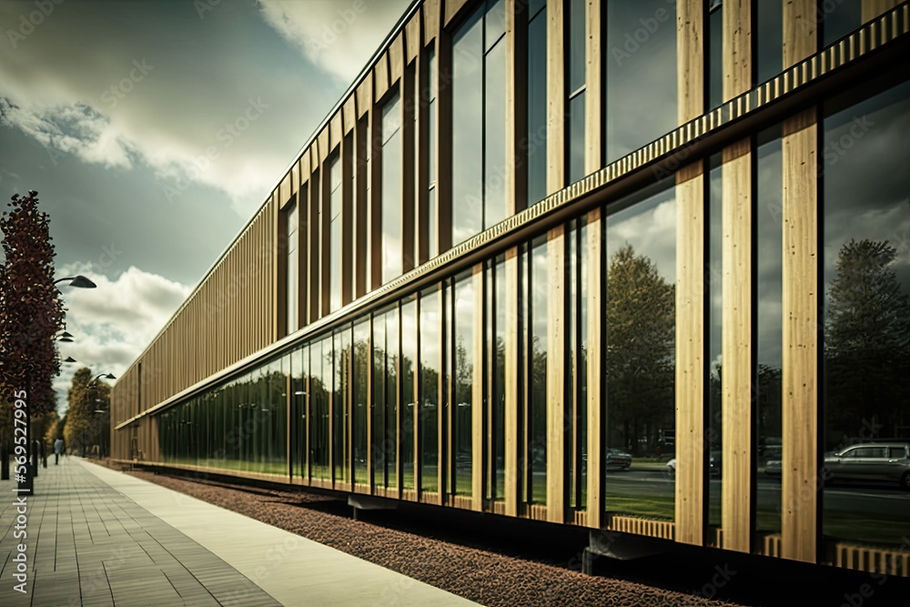 Fototapeta premium rail satation building facade made of glass and wood is a construction element that forms the outer covering or envelope of a building. It serves protective layer against the elements generative ai