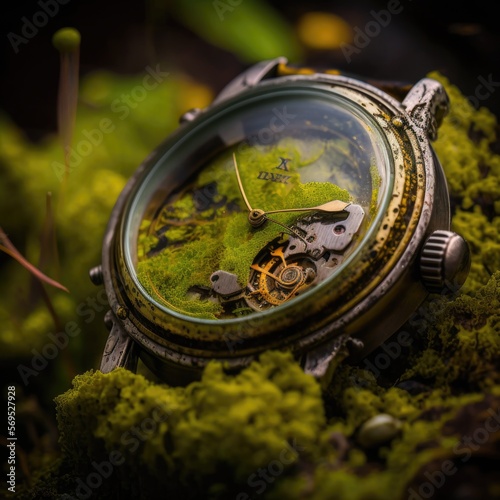 biomechanical is moss growing on vintage wristwatch, macrophotography, focus-stack, intense detail, taken on a 1-5x macro lens generative ai