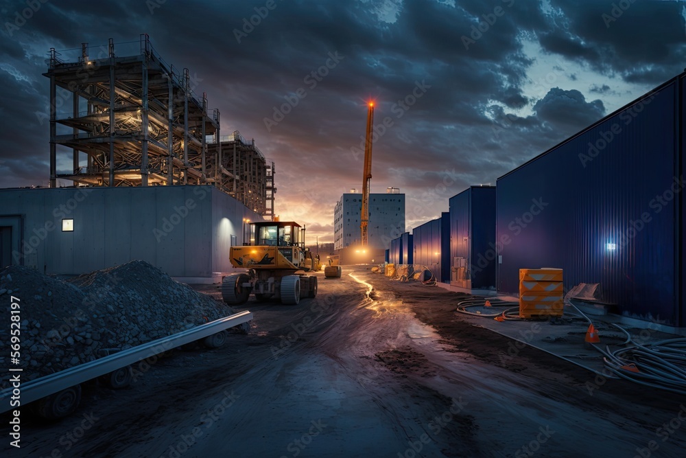 color photograph of modern construction site scene. clean lines. detailed. blue hour. environmental lighting generative ai color photograph of modern construction site scene. clean lines. detailed. blue hour. environmental lighting generative ai