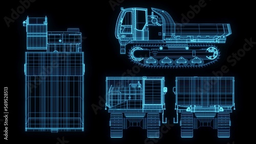 3D rendering illustration excavator blueprint glowing neon hologram futuristic show technology security for premium product business finance  