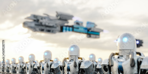 Crowd of robots standing in cyberspace under UFO. 3d render