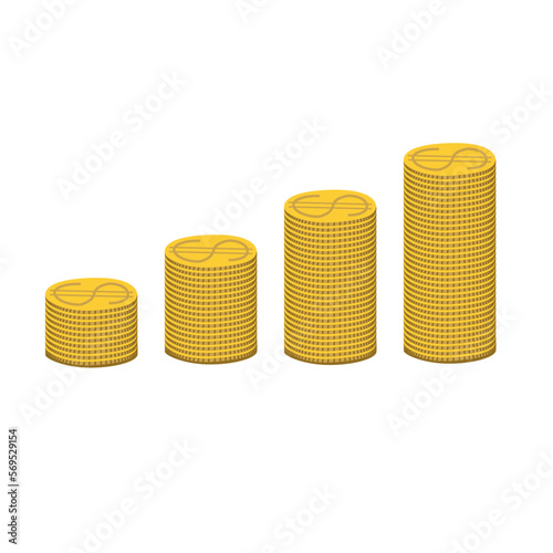 Four golden dollar coins stack ascending up. Money, economy, finance, investment symbol. Currency growth diagram concept.