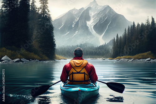 Kayaking in Mountains, Single Tourist in Kayak, Mountain Lake, Abstract Generative AI Illustration