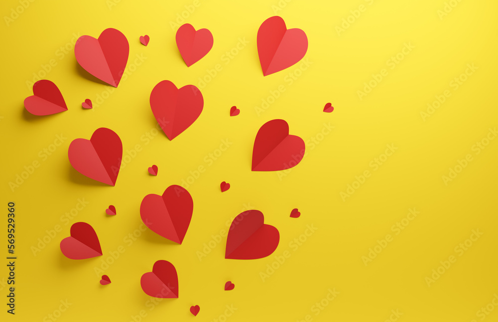 Red heart shapes on a yellow background, Valentines Day or wedding concept background