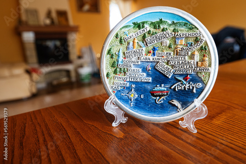Turkey souvenir plate on a stand at home.