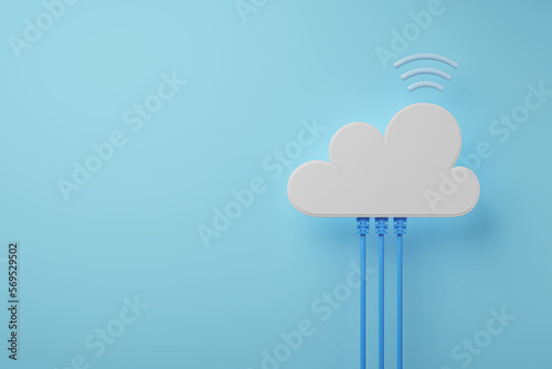 Cloud computing technology concept background, white cloud connect with network cable, 3d rendering. photo