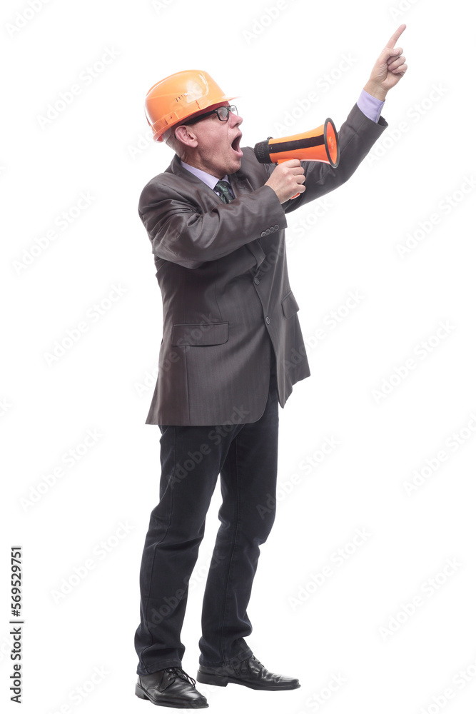 business man in a protective helmet with a megaphone. business man in a protective helmet with a megaphone.