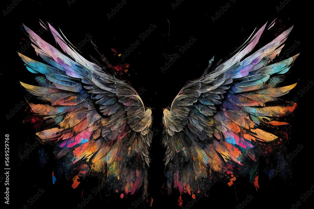 on a black background, angel wings painted with bright colors Generative AI - obrazy, fototapety, plakaty 