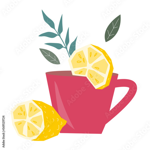 Cup of tea with slice of lemon hand drawn vector illustration isolated on white background. Citrus organic lemon ingredient for vitamin tea drink brewing. Natural remedy for cold and flu.