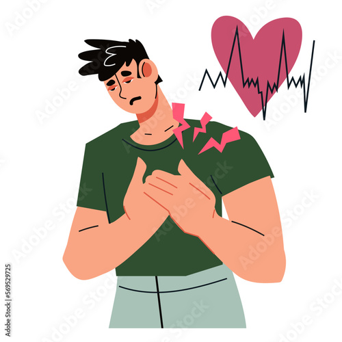 Man with heart pain pressing his hands to chest, flat vector illustration Isolated on white background. Health problems and heart disease. Heart attack or stroke symptoms, heartache.
