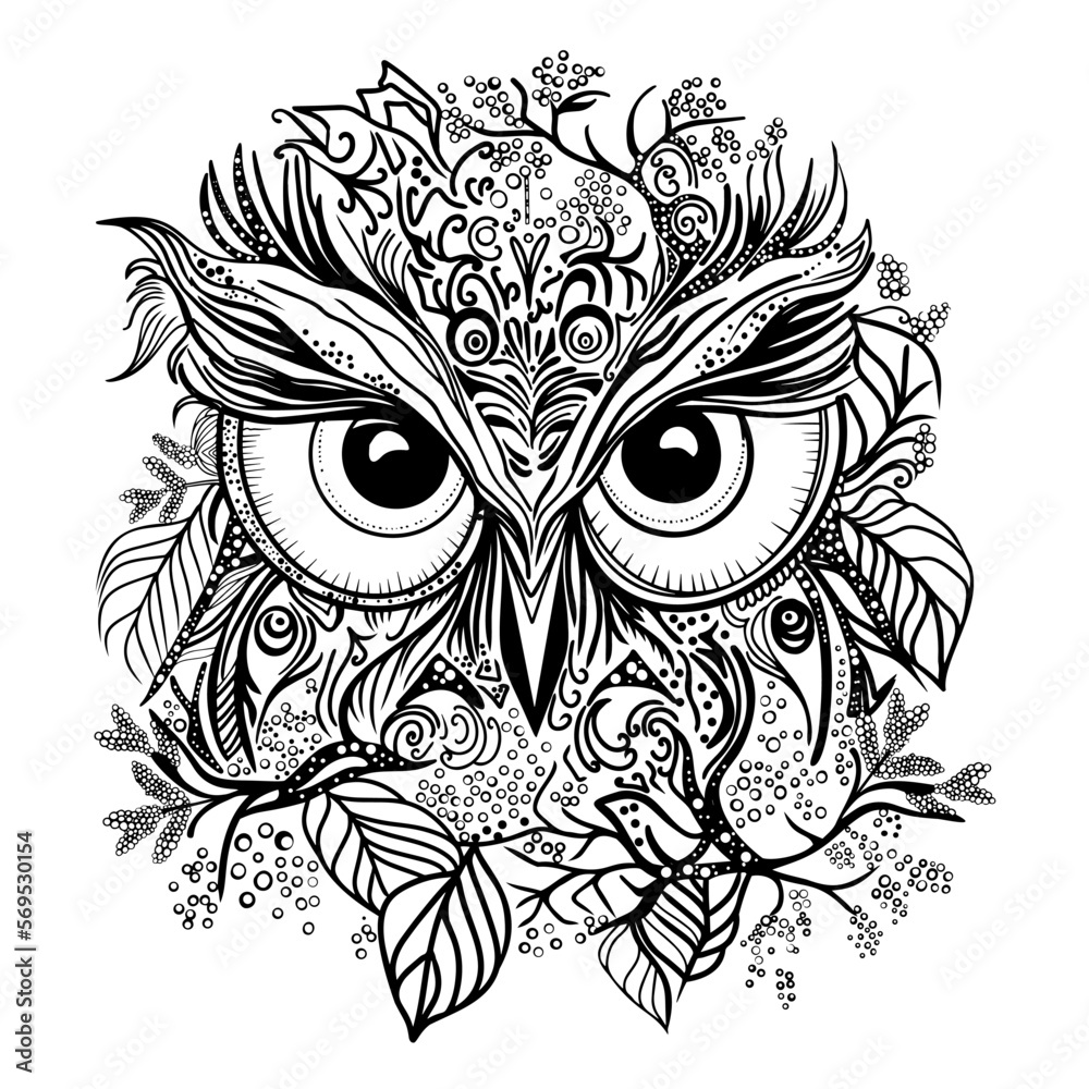 Antistress coloring page. Eyes and feathers. Owl mandala decorative design. Isolated on white. For child coloring page, tattoo design, print design, packaging, cards, designers, clothes, icon, logo Antistress coloring page. Eyes and feathers. Owl mandala decorative design. Isolated on white. For child coloring page, tattoo design, print design, packaging, cards, designers, clothes, icon, logo