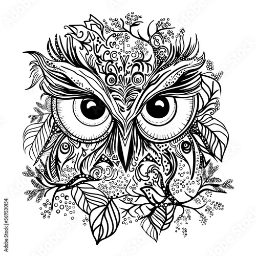 Antistress coloring page. Eyes and feathers. Owl mandala decorative design. Isolated on white. For child coloring page, tattoo design, print design, packaging, cards, designers, clothes, icon, logo