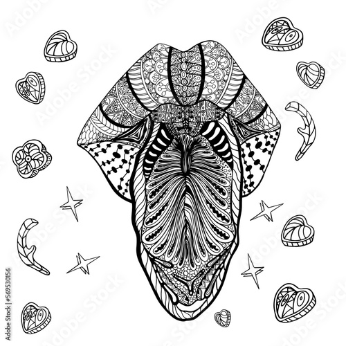 Antistress coloring page. Mandala style. Open mouth, plump lips and a protruding tongue. Isolated on white. For child coloring book, tattoo design, print, package, card, designer, clothes, icon, logo