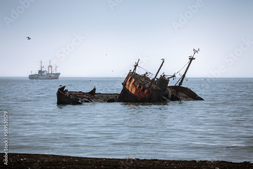 An old fishing ship washed ashore at Paramushir island at the port of Severo-Kurilsk