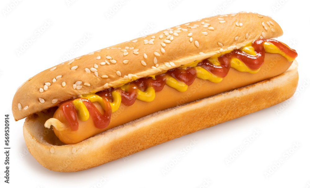 Hot Dog with ketchup and mustard sauce isolated on white, Fresh Hot Dog Isolated on White background, With work path. Hot Dog with ketchup and mustard sauce isolated on white, Fresh Hot Dog Isolated on White background, With work path.