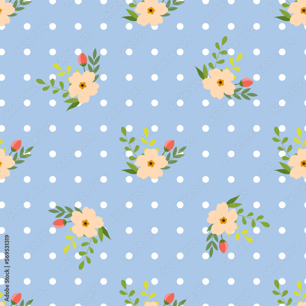 Seamless flower pattern. Flat botanical ornament with minimalistic elements in soft palette. Simple vector repeating texture. Modern swatch.