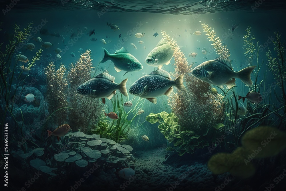Fototapeta premium Underwater sea landscape with fishes, corals, marine plants and animals. Generative Ai art. Illustration of tropical ocean ore lake bottom scene with seaweed, aquatic fauna 