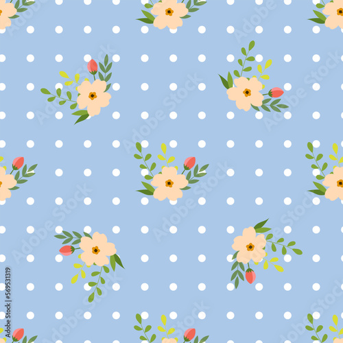 Seamless flower pattern. Flat botanical ornament with minimalistic elements in soft palette. Simple vector repeating texture. Modern swatch.