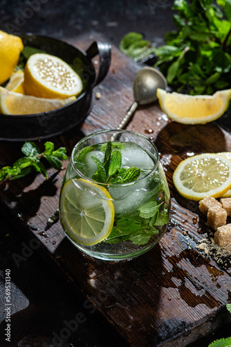 Preparation of lemonade with mint and lemon. Ice cocktail