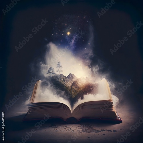 Magisches Buch mit offenen Seiten und abstrakten Lichtern und eine Berg Landschaft, die in der Dunkelheit leuchten