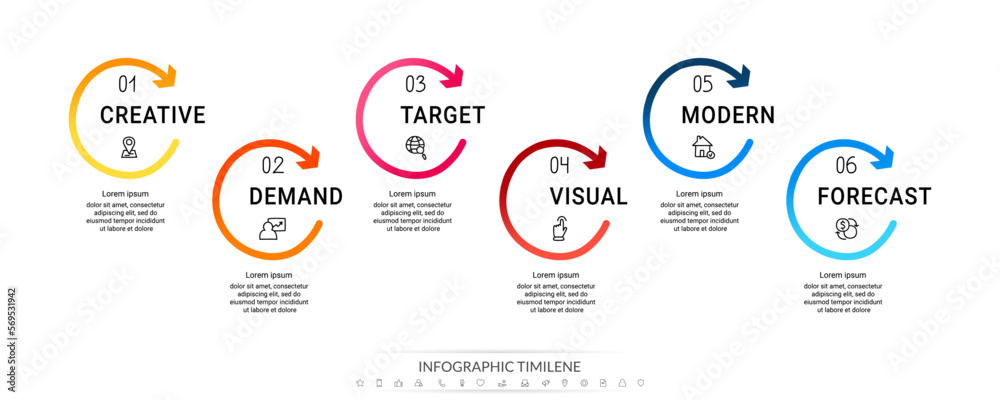 Naklejka premium Modern and simple flat vector illustration. Infographic template with six circles, elements, sectors and arrows. Designed for business, presentations, web design, interface 6 step diagrams
