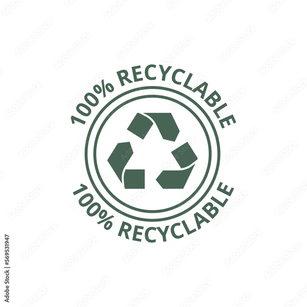 100% recycled sign or logo. Recyclable material symbol. Eco friendly concept. Recycled product label 100% recycled sign or logo. Recyclable material symbol. Eco friendly concept. Recycled product label