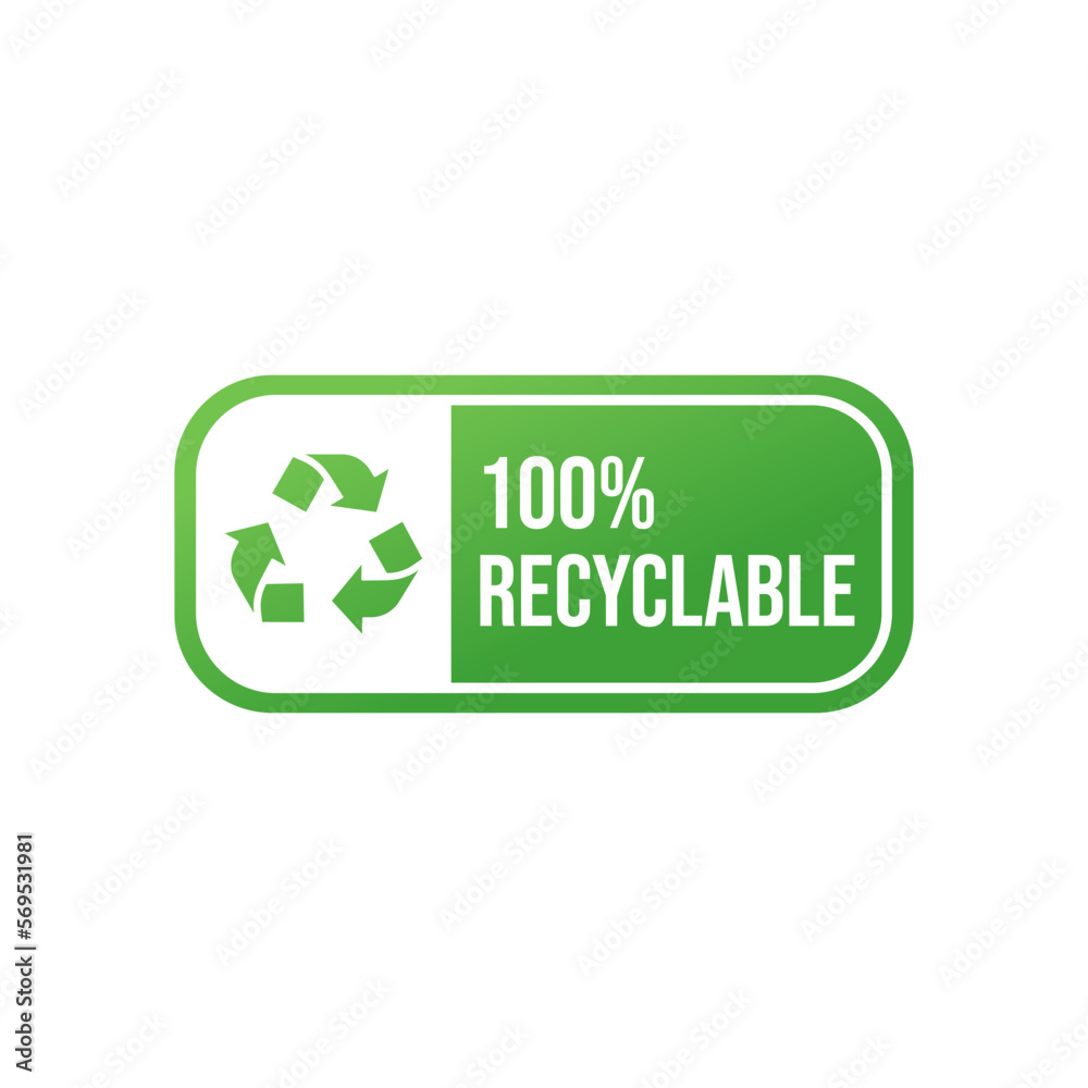 100% recycled sign or logo. Recyclable material symbol. Eco friendly concept. Recycled product label 100% recycled sign or logo. Recyclable material symbol. Eco friendly concept. Recycled product label
