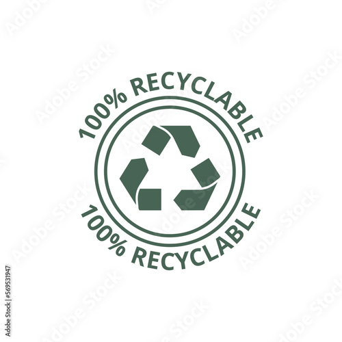 100% recycled sign or logo. Recyclable material symbol. Eco friendly concept. Recycled product label
