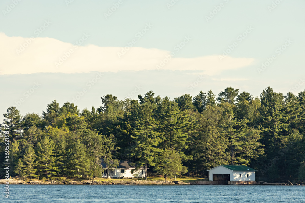 Beautiful scenery of Thousand Islands National Park, house on the river, Ontario, Canada