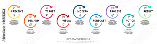 Modern and simple flat vector illustration. Infographic template with nine circles, elements, sectors and arrows. Designed for business, presentations, web design, interface 9 step diagrams