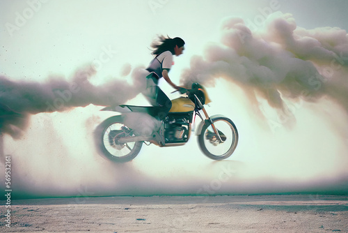 Female motorcyclist in dynamic action  driving a bike in desert area with coloreful smoke on the background. Not an actual real person. Digitally generated AI image.