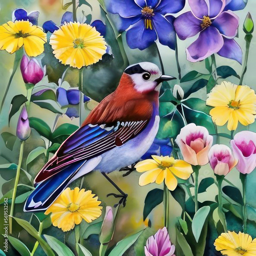 Flowers and bird, watercolor. AI generated.