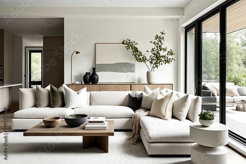 Minimalist living room with clean lines  neutral colours and simple decor