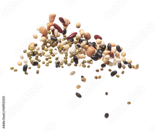 Mix beans fall down explosion, several kind bean float explode. Dried mixed white green red soy black peanut beans splash throwing in Air. White background Isolated high speed shutter, freeze