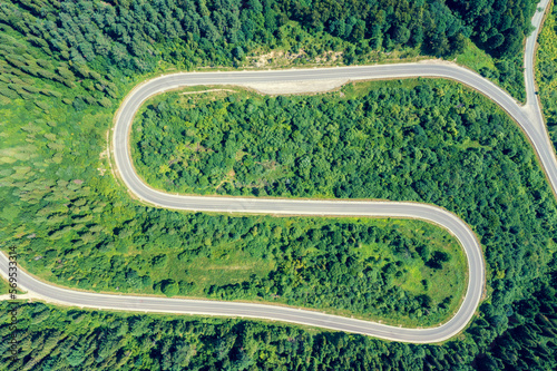 Top view of a mountain winding road in summer. Carpathian mountains. Ukraine