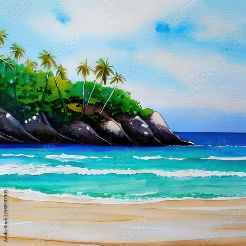 Beach with palm trees and rocks, watercolor. AI generated.