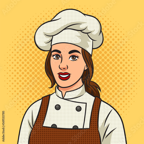 chef cook girl woman in chef hat toque pinup pop art retro vector illustration. Comic book style imitation.
