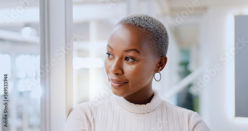 Fotografie Face, thinking and black woman happy in office workplace or company