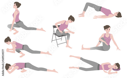 腰痛予防にもなる中殿筋ストレッチをする女性のイラストセット