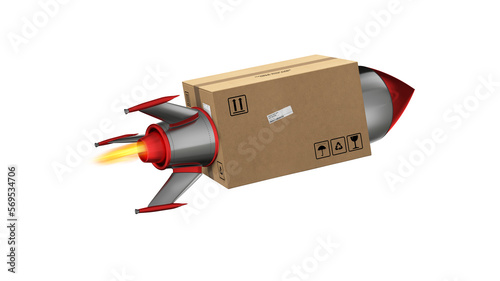Carton box flies fast with rocket. concept of express and priority delivery photo