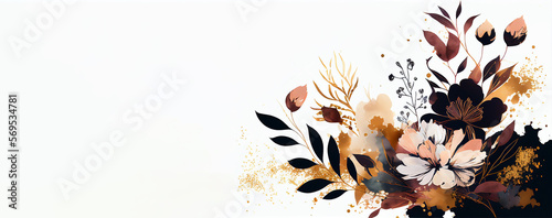 Watercolor spring flowers banner on white background with copy space. Illustration AI