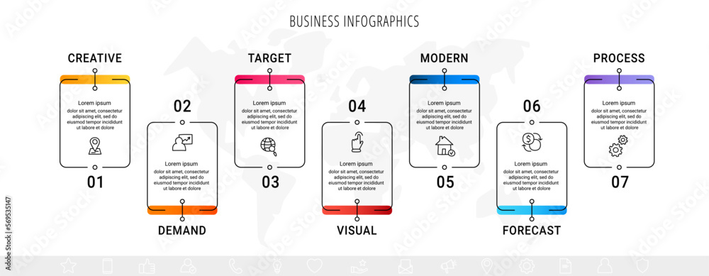 Modern vector infographics with 7 rectangles. Business template with graphic seven steps for diagram, web, banner, presentations, flowchart, content, levels, chart, graphic, timeline