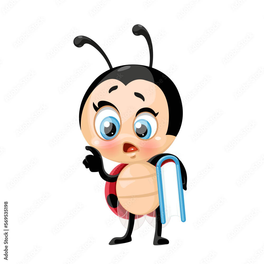 Cute cartoon ladybug arguing with a book under the armpit on a white background Cute cartoon ladybug arguing with a book under the armpit on a white background