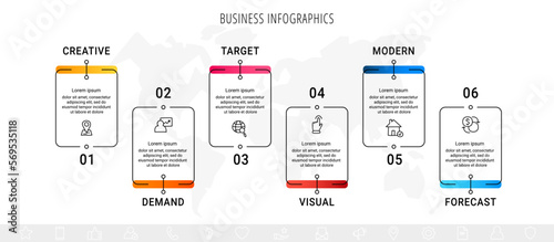 Modern vector infographics with 6 rectangles. Business template with graphic six steps for diagram, web, banner, presentations, flowchart, content, levels, chart, graphic, timeline