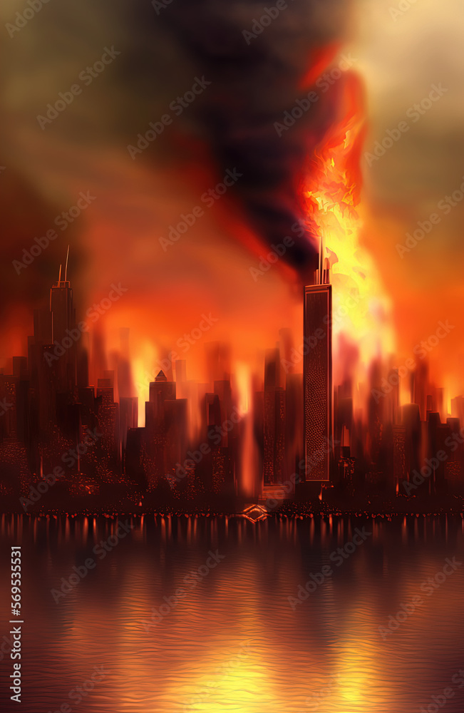 City on fire, disaster. Generative AI.